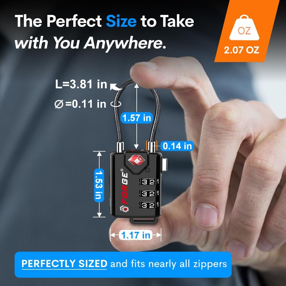 TSA Approved Cable Luggage Locks, Re-settable Combination with Alloy Body, Black 1 Lock.