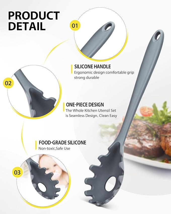 3 Pcs Silicone Kitchen Utensils Set, Soup Ladle-Pasta Fork-Slottede Spoon - Image 2