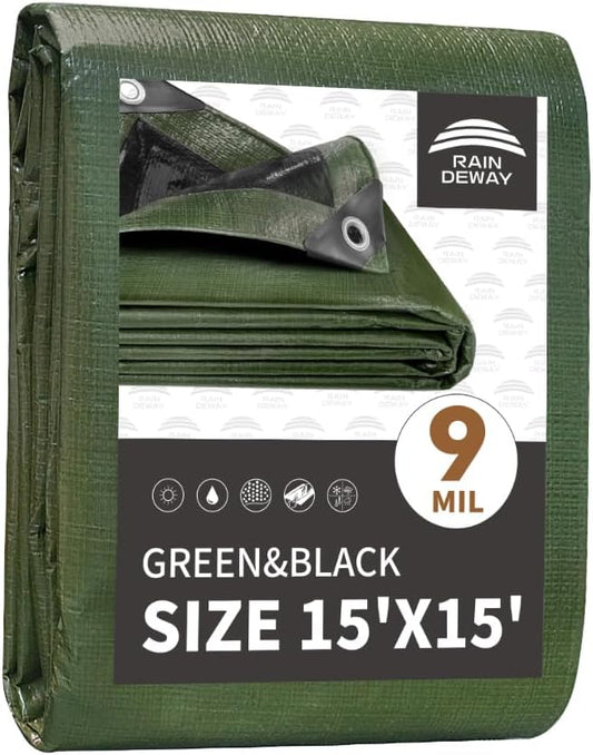 15x15 Feet Tarp Waterproof,9Mil Thick,Finished Size Tarps,UV Resistant,Durable,Multipurpose Poly Tarp Cover with Metal Grommets and Reinforced Edges,Green/Black by RAINDEWAY