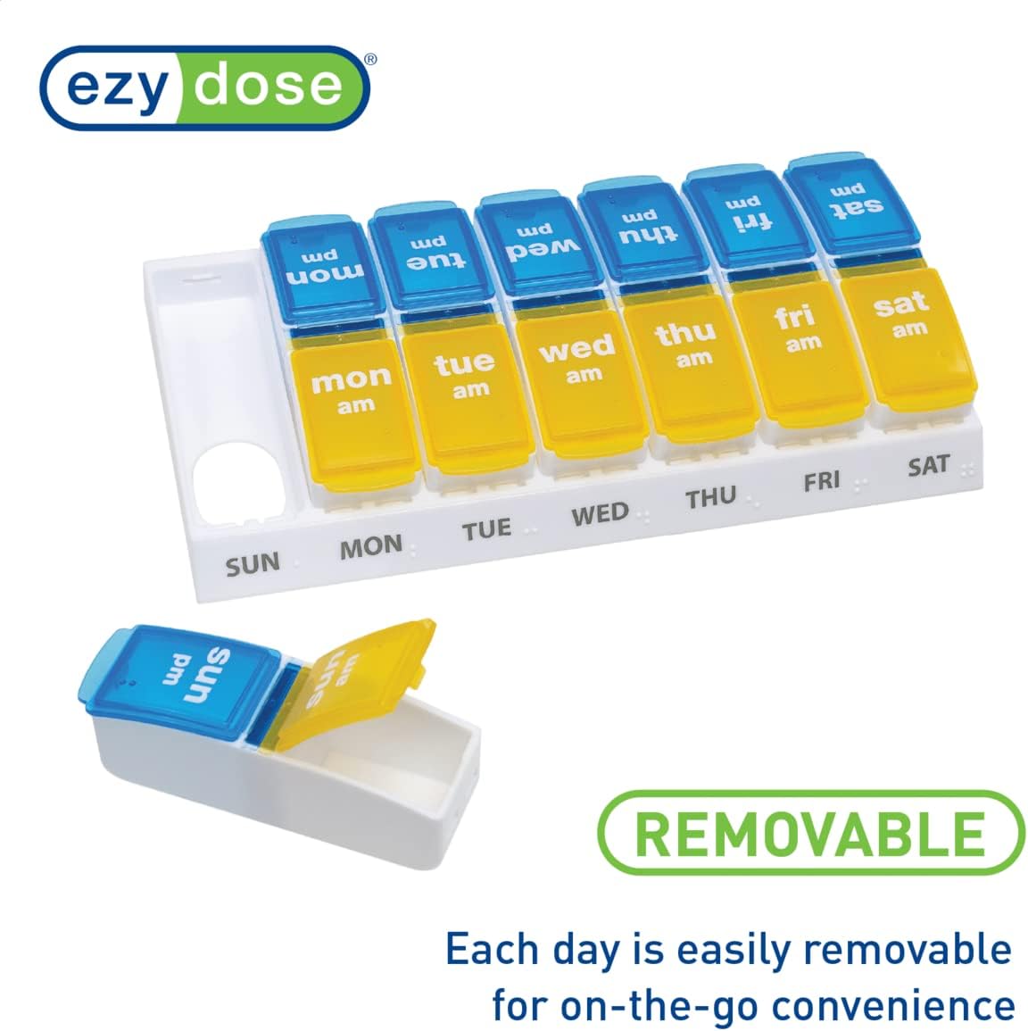 EZY DOSE Weekly AM/PM Pill Organizer, 7-Day Vitamin and Medication Box with Large Pop-Out Compartments, 2 Times a Day Pill Holder for Easy Dosing, Yellow and Blue Lids, Travel-Friendly Design
