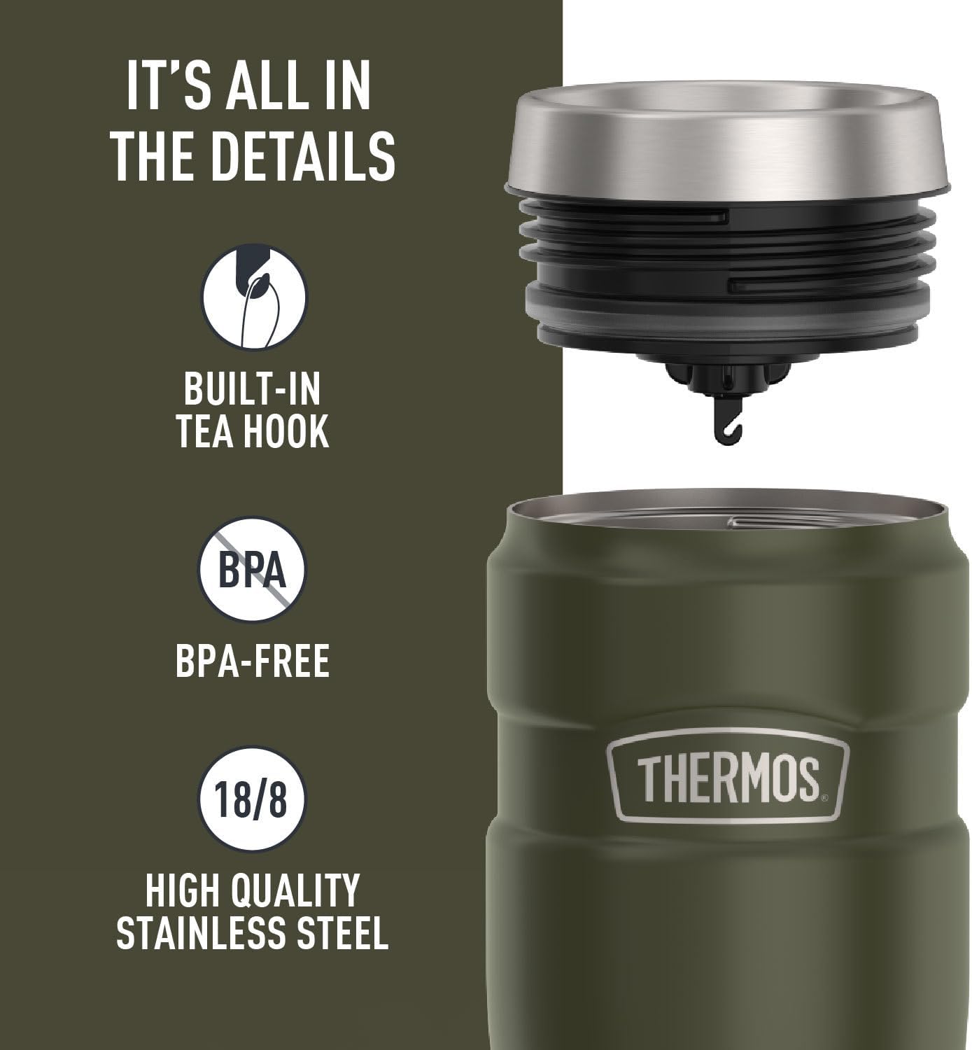 THERMOS Stainless King Vacuum-Insulated Travel Tumbler, 16 Ounce, Army Green