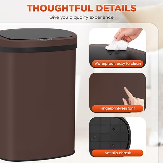 PayLessHere | 13 Gallon Stainless Steel Trash Can | Brown | Automatic Touchless - Image 6