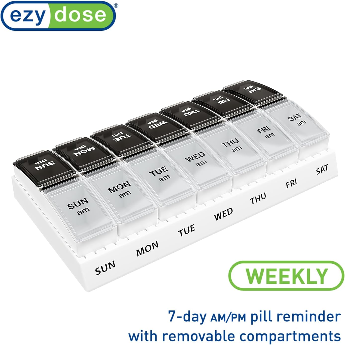 EZY DOSE Weekly (7-Day) Daily AM/PM Pill Case, Medicine Planner, Vitamin Organizer, Supplement Container, Small Pop-out Compartments, Designed for Travel, 2 Times a Day, Black and Clear Lids