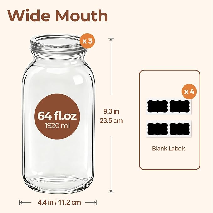 ComSaf Half Gallon Mason Jar 64oz 3Pcs, Wide Mouth Mason Jars - Image 2
