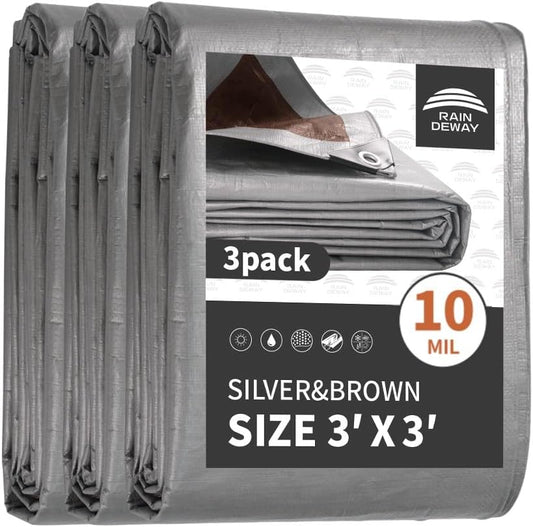 RAINDEWAY Small Tarps Heavy Duty Waterproof 3x3 Feet (3 Pack), 10Mil Multipurpose Poly Mini Tarp Cover with Metal Grommets and Reinforced Edges, Silver/Brown Tarp