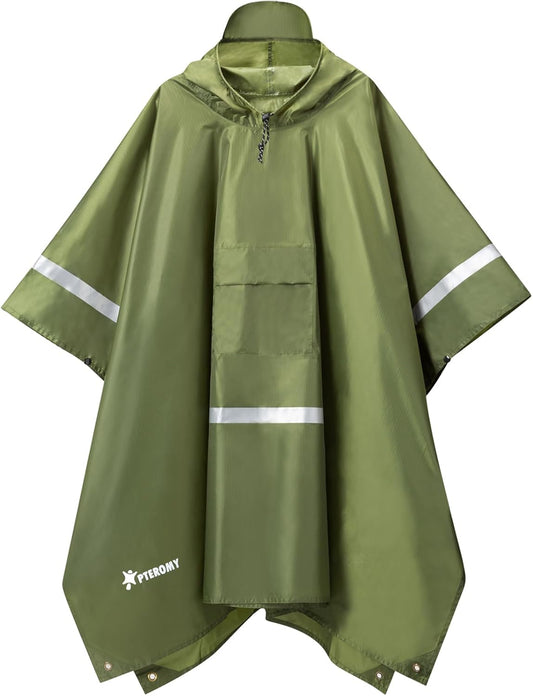 PTEROMY Hooded Rain Poncho for Adult with Pocket, Waterproof Lightweight Unisex Raincoat for Hiking Camping Emergency