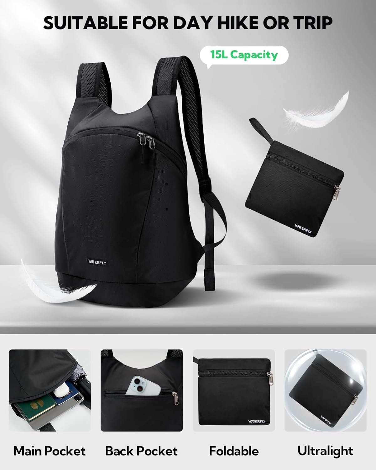 WATERFLY Foldable Lightweight Hiking Backpack: 15L Packable Traveling Daypack Men Women Ultralight Thin Casual Day Pack Bag for Outdoor Sports Camping Beach Park (Black)