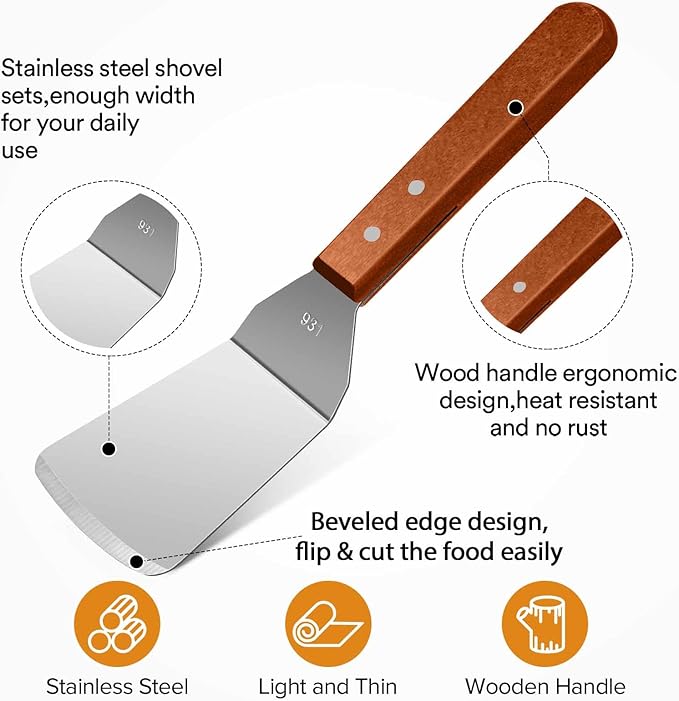 Metal Spatula Set for Kitchen Use, Wood Handle Wok Flat Top Grill Griddle - Image 4