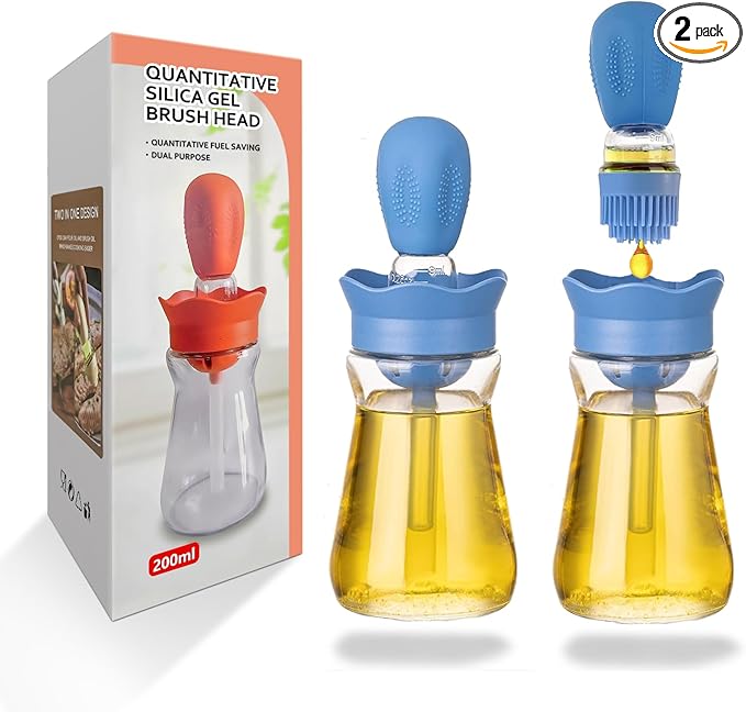 Oil Dispenser with Brush-2Pack 7oz/200ML 2 IN 1 Glass Cooking Oil Dispenser by BENTFINE