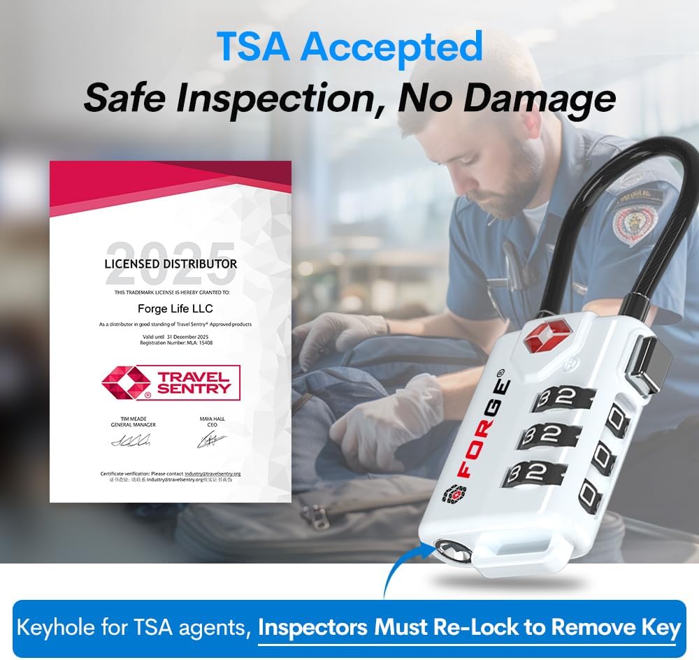 Forge TSA Approved Cable Luggage Locks, Re-settable Combination with Alloy Body(White 2 Locks)
