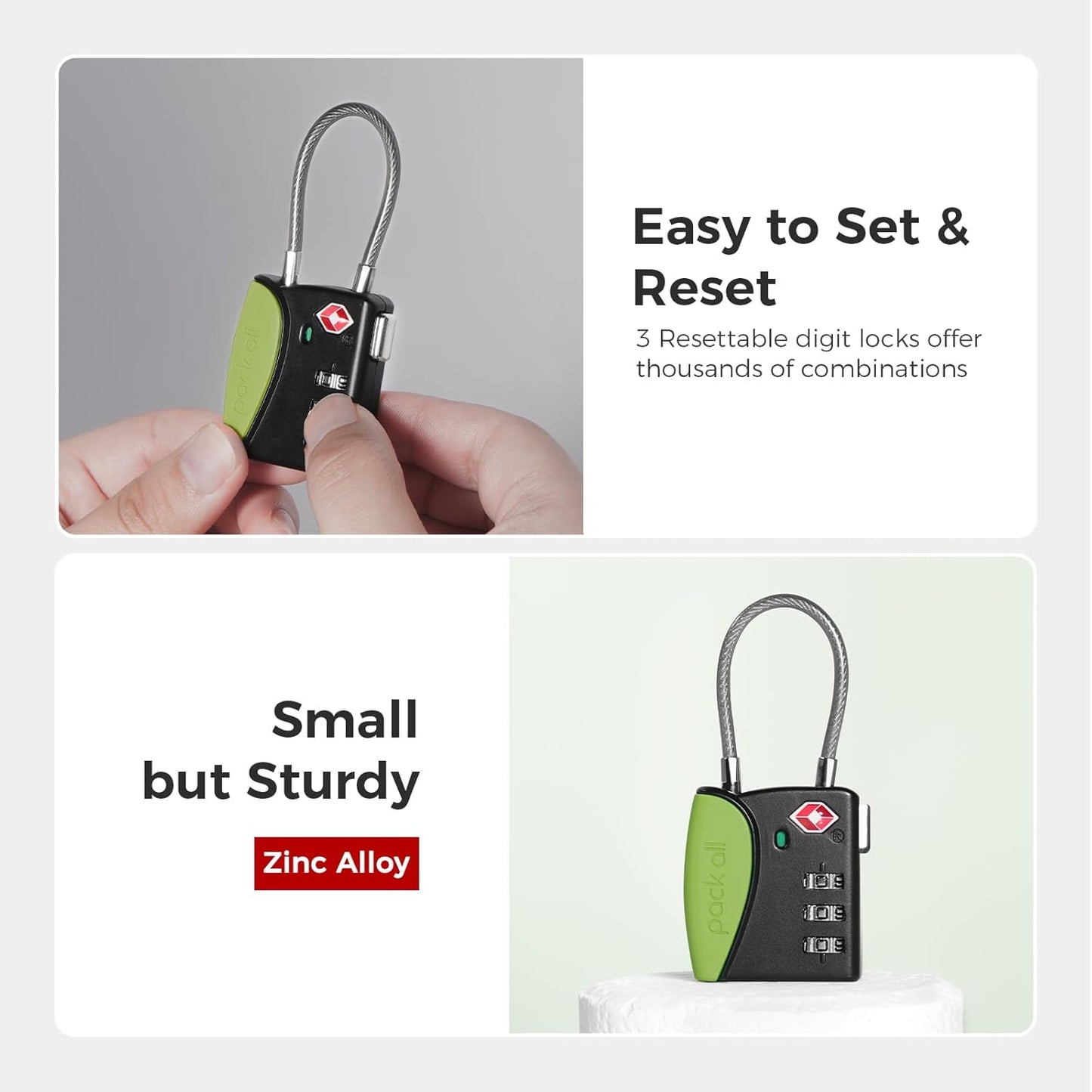 pack all TSA Approved Cable Luggage Locks, 3 Digit Combination Padlocks, Travel Lock for Suitcases & Bag, Alloy Body, Travel Accessories (1 Pack)（Apple Green）