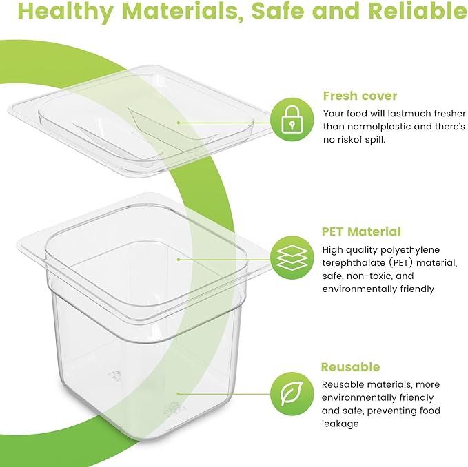 6 Pack Plastic Food Pan with Lid 1/6 Size 6 Inch Deep Restaurant Clear Food - Image 3