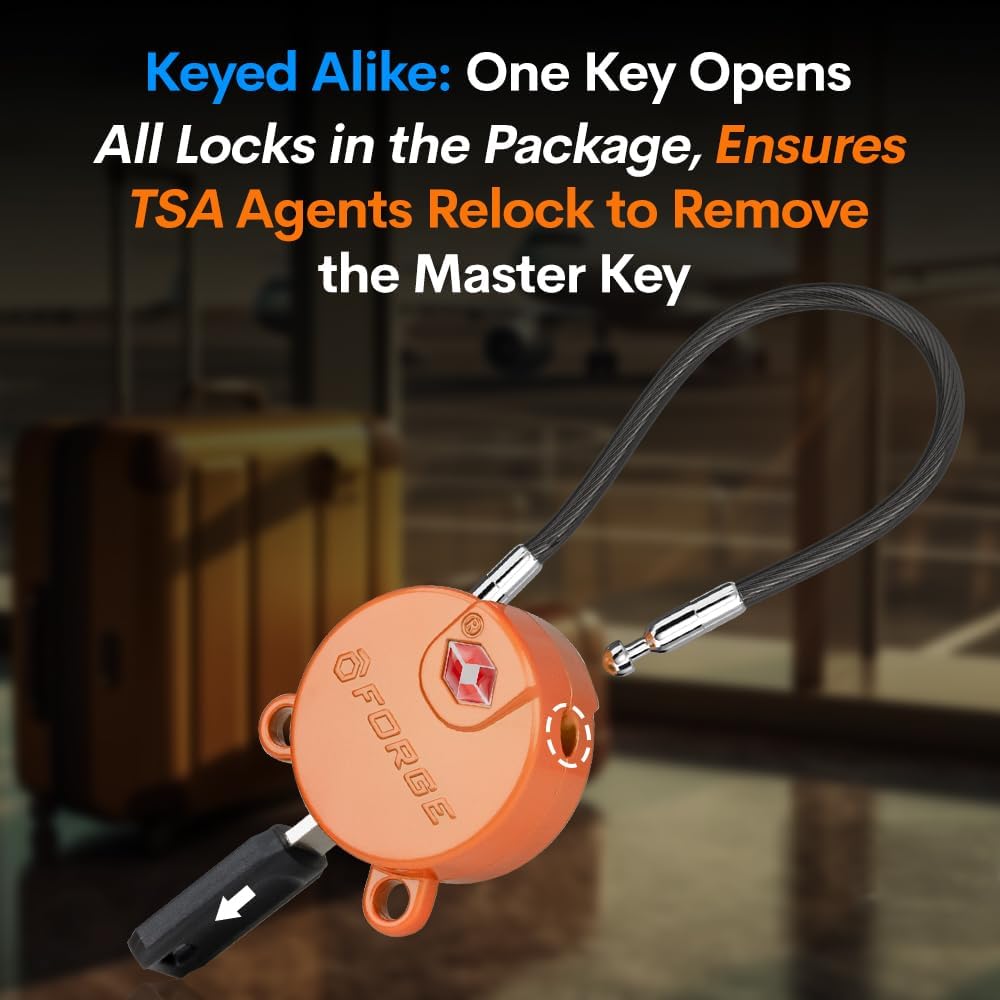 Forge TSA Approved Luggage Locks Ultra-Secure Dimple Key Cable Locks for Travel with Zinc Alloy Body- 2 Orange Locks