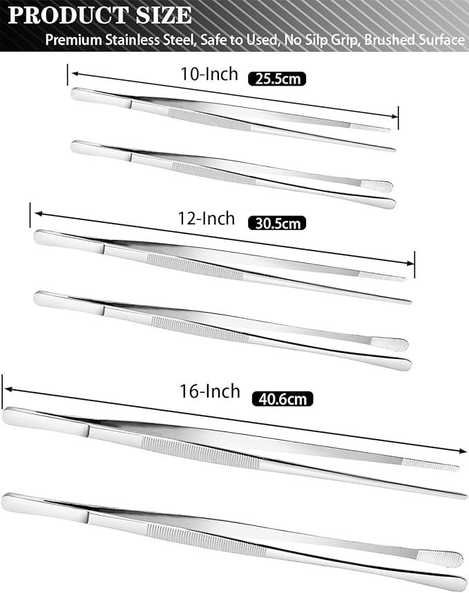 JETKONG 2 Pcs 10-Inch Cooking Tweezers Stainless Steel, Straight Food Tweezers - Image 3