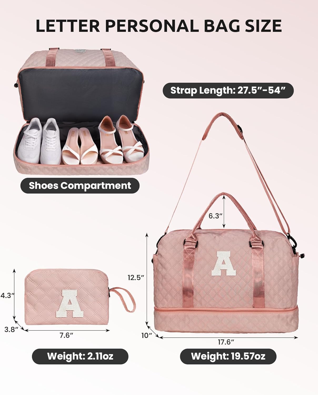 Birthday Gifts for 11 12 13 14 15 16 17 18 Year Old Girls Gifts-Initial Duffle Bag with Shoe Compartment, Letter Travel Bag with Makeup Bag，Birthday Gift GraduatIion Gifts for Her (Letter T)
