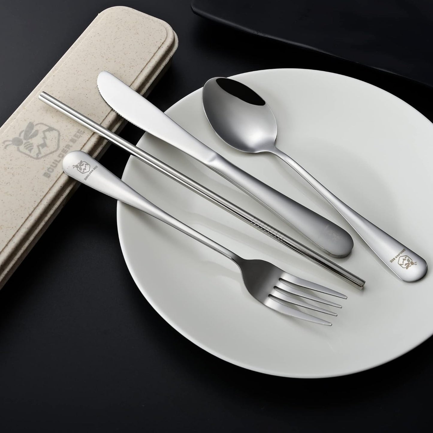 Boulder Bee | Travel Utensils Set | Reusable Camping Cutlery Set | Stainless Steel Flatware Set | Portable Silverware Set with Case | Includes Knife/Fork/Spoon/Straw/Cleaning Cloth/Case (Silver)