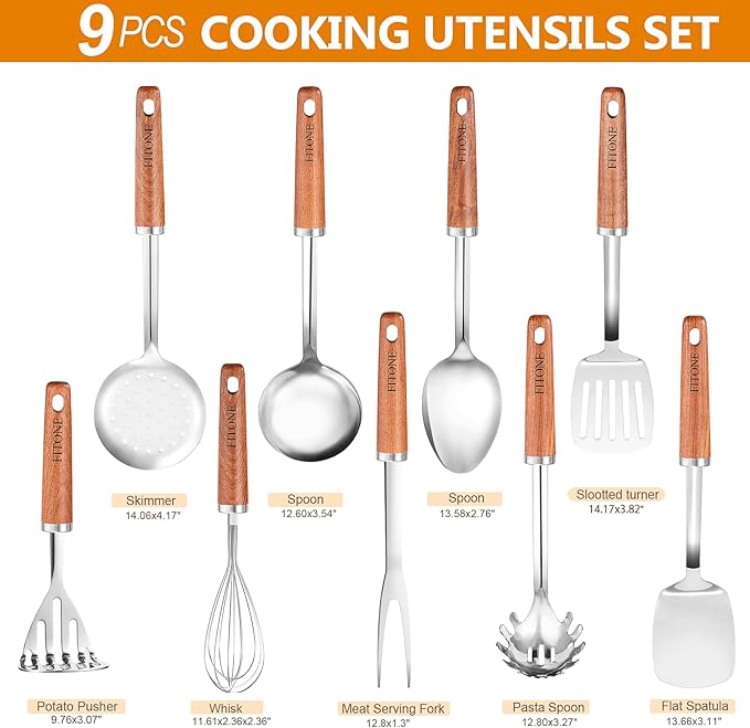 9PCS 18/8 Stainless Steel Kitchen Utensils Set, Heavy Duty Wooden Handle - Image 2