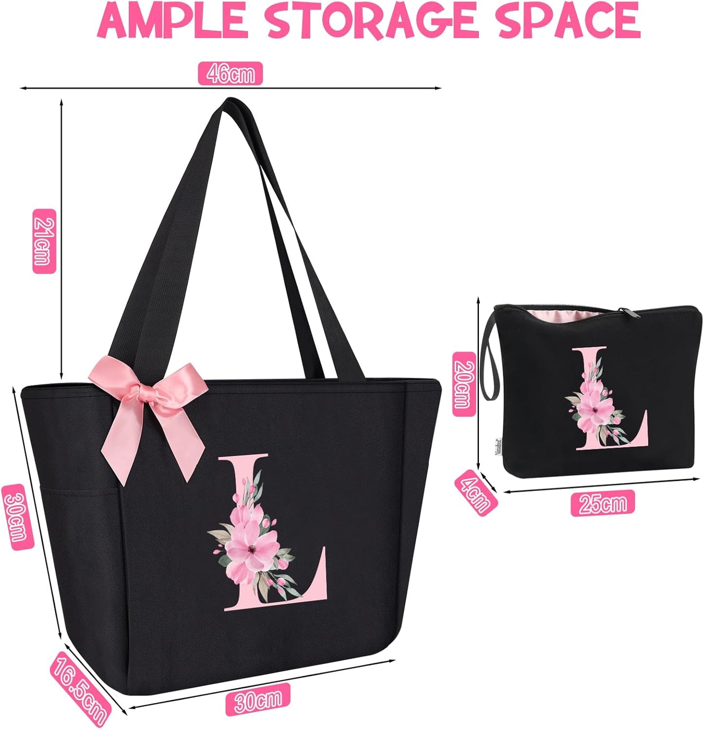 Vavabox Tote Bag, A-Z Initial Monogrammed Waterproof Tote Bag, Bridesmaid Gifts for Women, Black and Pink