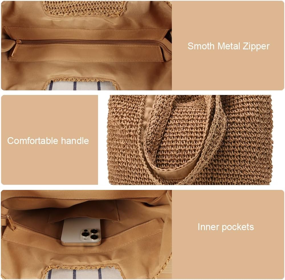 Straw Beach Bags for Women Woven Beach Tote Bag Casual Boho Large Shoulder Handbags Purse for Vacation Holiday