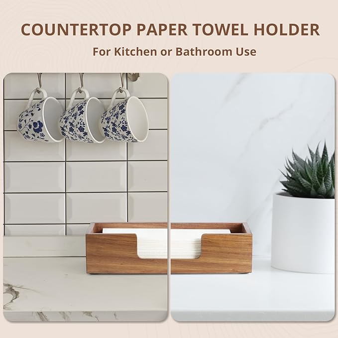 Paper Towel Dispenser Countertop, Acacia Wood Folded Paper Hand Towel Holder - Image 3