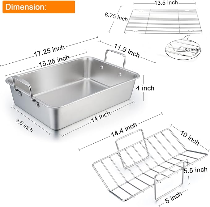 TeamFar Stainless Steel Roasting Pan, 16 Inch Large Turkey Roaster Lasagna Pan - Image 2