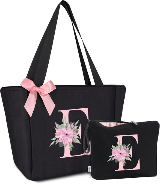 Vavabox Tote Bag, A-Z Initial Monogrammed Waterproof Tote Bag, Bridesmaid Gifts for Women, Black and Pink