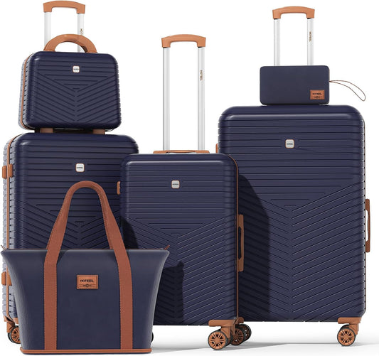 Hoteel 6 Piece Luggage Set (4-YEAR WARRANTY) with Spinner Wheels & TSA Lock, Carry on Luggage Hardshell ABS+PC, Travel Collection Suitcases Sets, Dark Blue(13/20/24/28",Travel Bag,Cosmetic Bag)