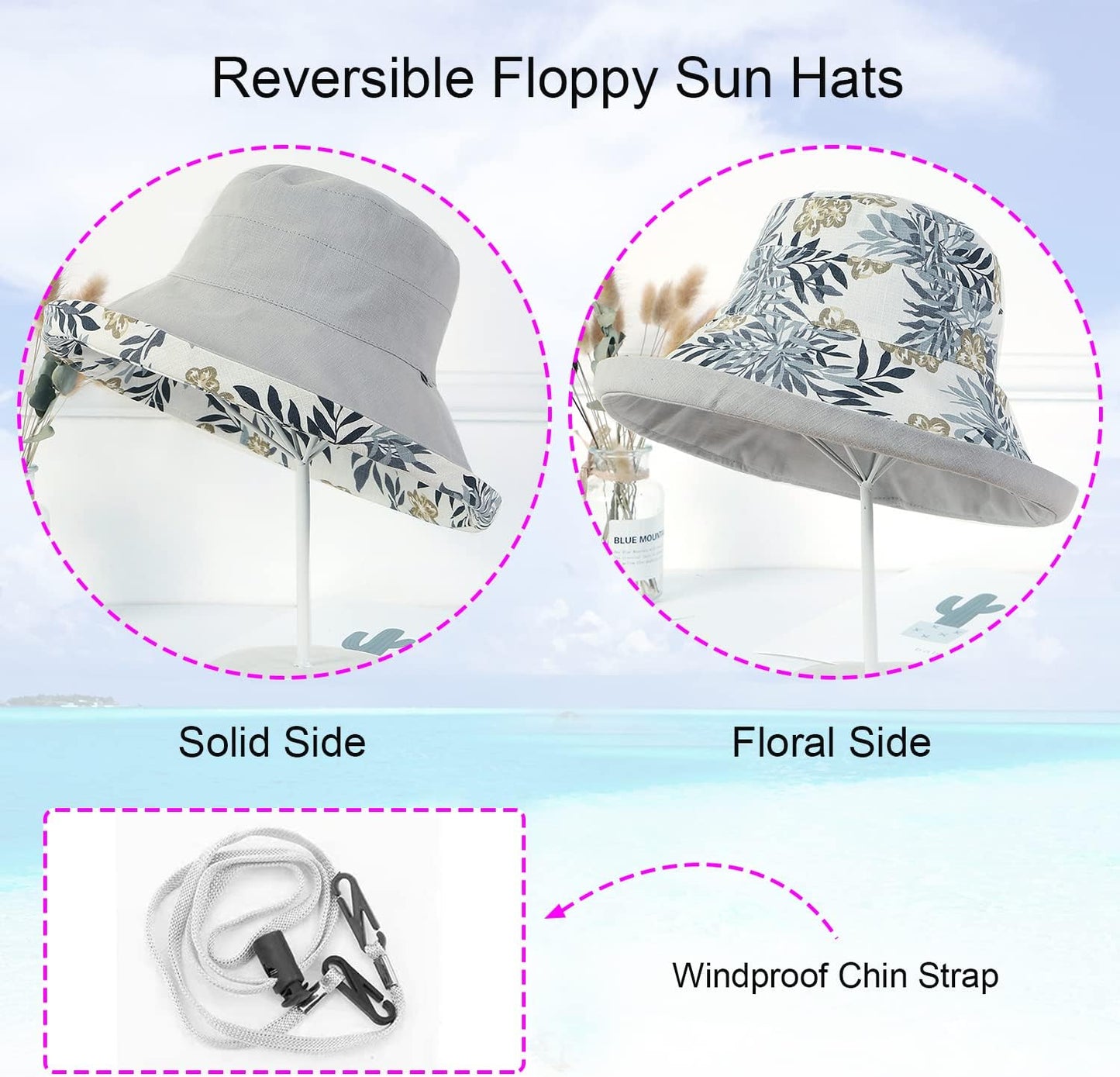 Women Wide Brim Sun Hats Metal Wired Edge Summer UV Protection Beach Fishing Hat for Hiking Garden Travel Chin Strap