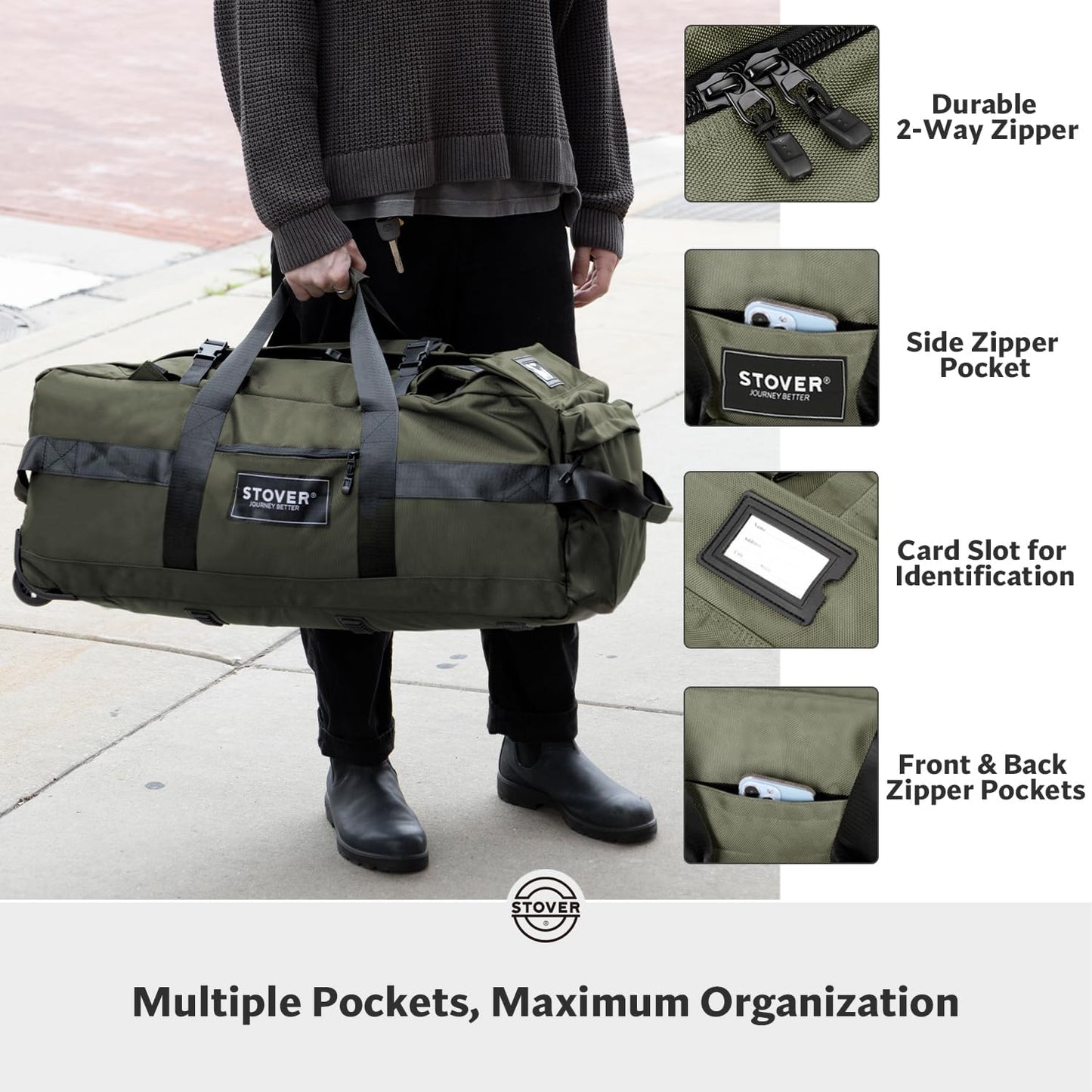 STOVER 100L Rolling Duffel Bag with Wheels, X-Large 35 Inch Durable Travel Duffle + Toiletry Bag, Heavy Duty, Packable w/Shoulder Straps- Use as Luggage or Backpack, Men/Women (Green)