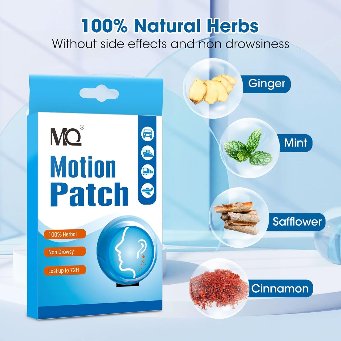 MQ Motion Sickness Patch,20 Count,Non Drowsy Sea Sickness Patches Behind Ear for Cruise Ship Travel, Waterproof Car Sick Patches Fast Acting & Long Last 72H