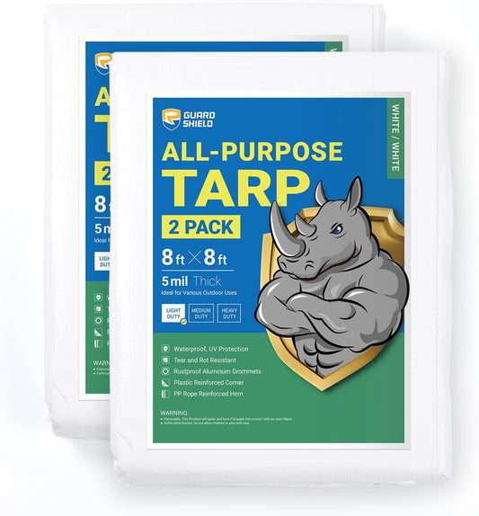 GUARD SHIELD Tarp White 8x8 Feet Multi Purpose Waterproof Poly Tarp Cover 5mil (2-Pack)
