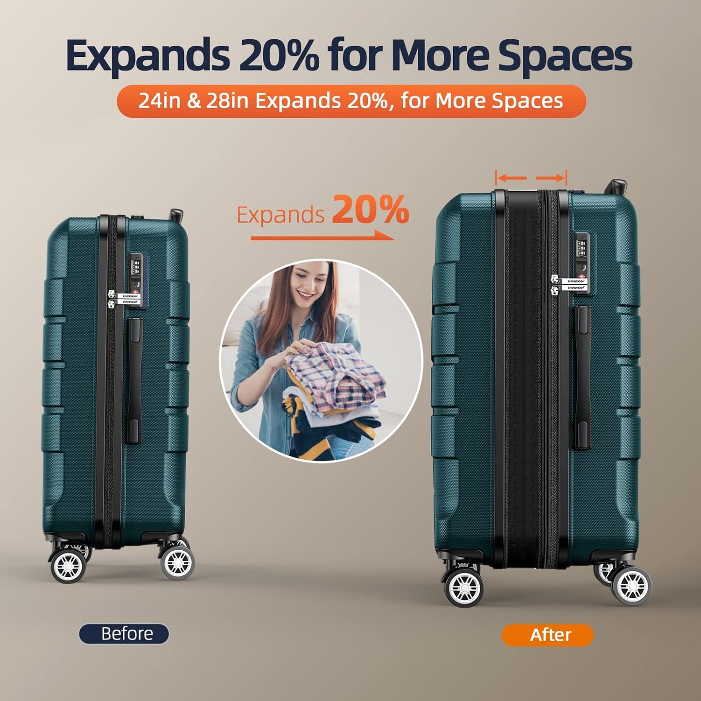 SHOWKOO Luggage Sets Expandable Suitcase Double Wheels TSA Lock (ArmyGreen)