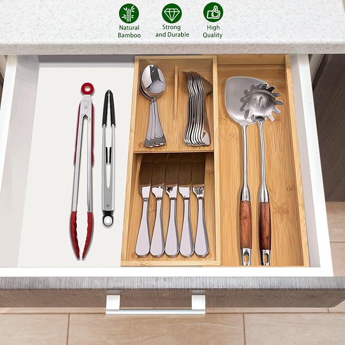 guiogc Bamboo Kitchen Drawer Organizer, Cutlery Tray - Image 7