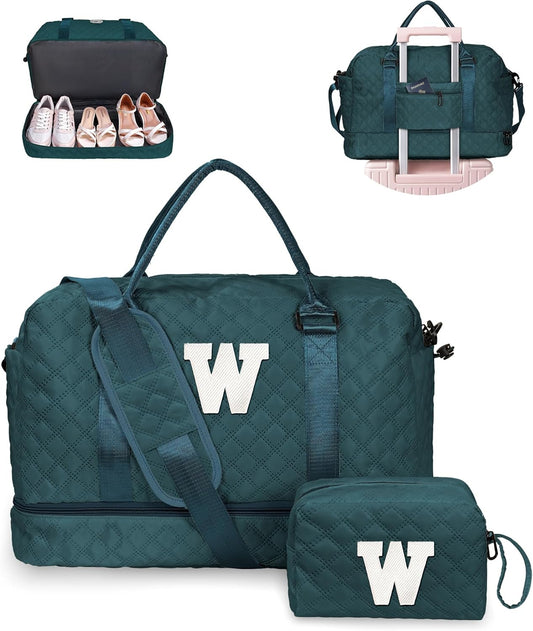 Teenage Girl Gifts 8-10-Initial Travel Bag with Shoe Compartment, Personalized Weekender Bag, Monogram Overnight Bag for Women, Letter Travel Bag with Makeup Bag Graduation Gifts (Letter W)