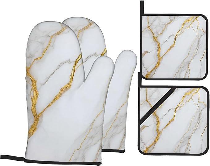 White Gold Marble Oven Mitts and Heat Resistant Pads by Unknown