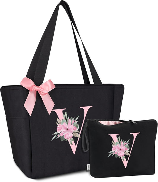 Vavabox Tote Bag, A-Z Initial Monogrammed Waterproof Tote Bag, Bridesmaid Gifts for Women, Black and Pink