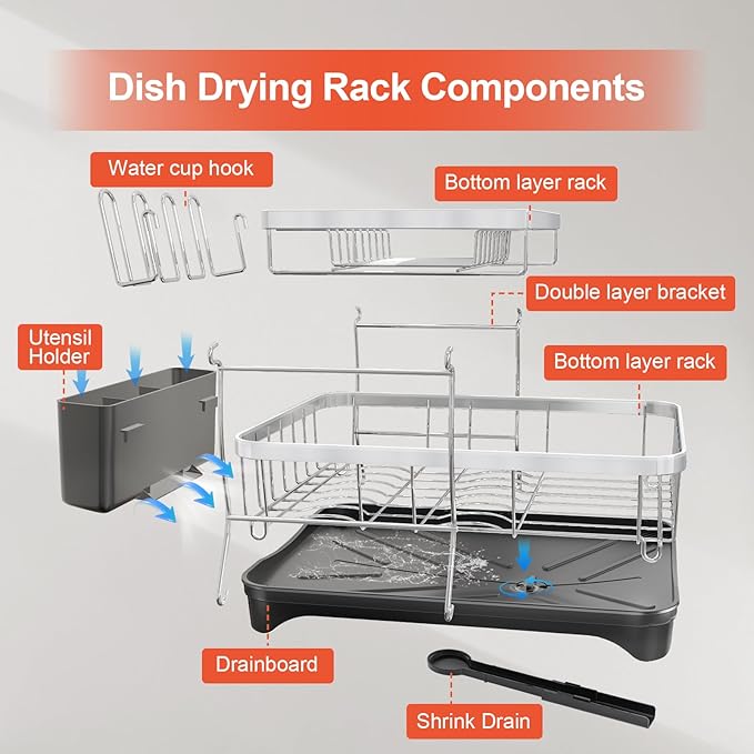 2-Tier Dish Drying Rack for Kitchen Counter, 304 Stainless Steel - Image 7