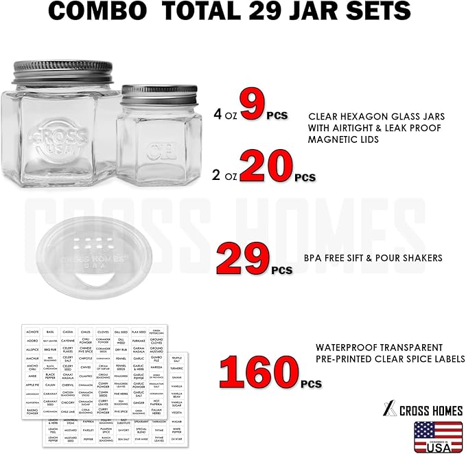 Magnetic Spice Jars Combo Pack 29 Pack Refrigerator Hexagon Glass Spice Jar - Image 2