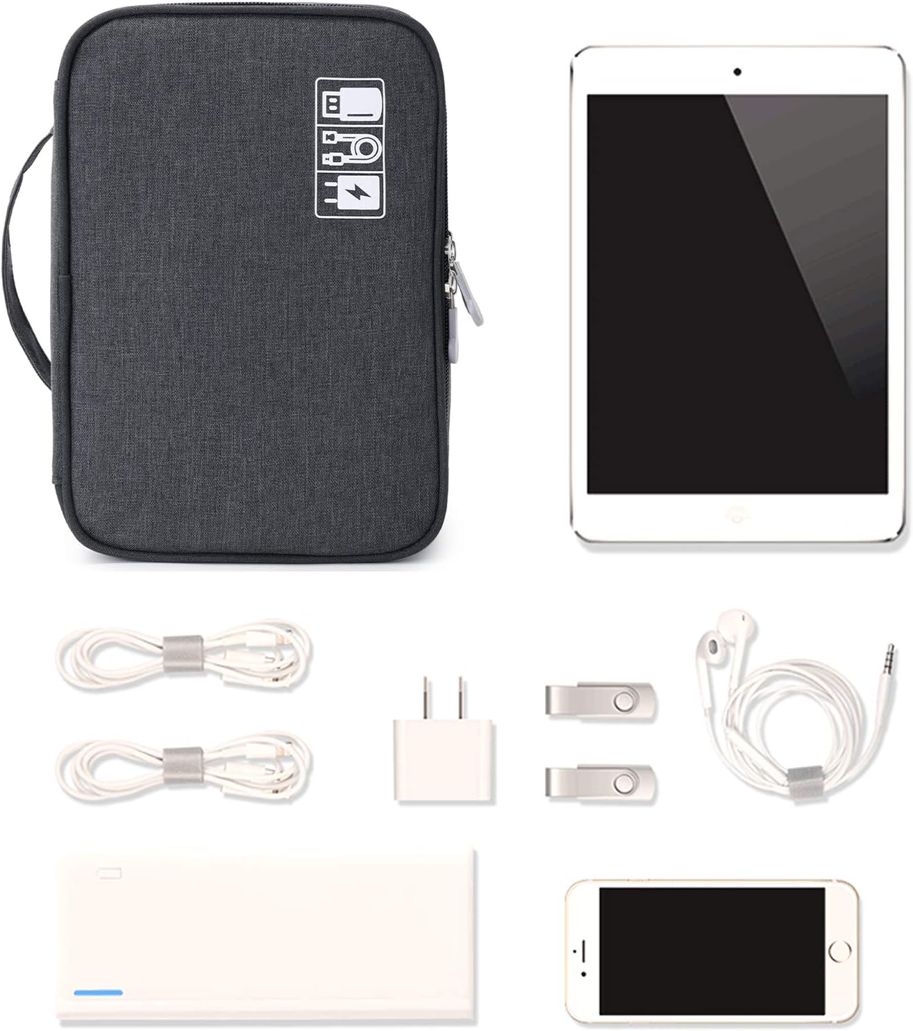 mygreen Electronics Travel Organizer, Watreproof Electronic Accessories Case Portable Double Layer Cable Storage Bag for Cord, Charger, Flash Drive, Phone, Ipad Mini, SD Card, Gifts for Him Black