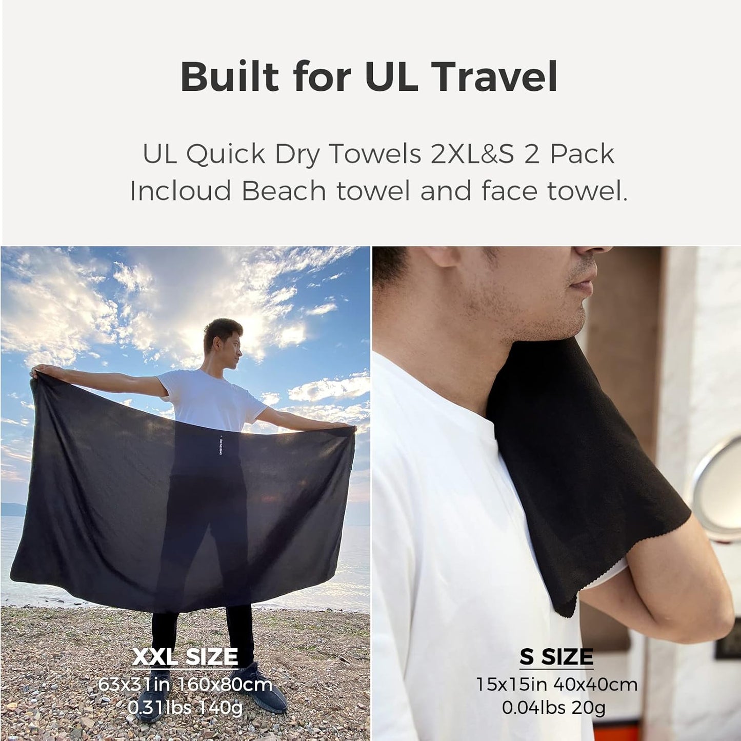 Ultralight Quick Dry Towel, Extra Large&Small 2 Pack Microfiber Towels with Compact Packable Pocket for Lightweight Backpacking Travel Beach Gym Camping & Swimming Sports(Blue 2 Set)