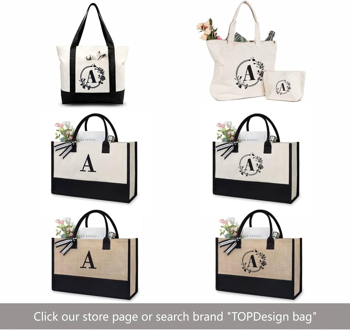 TOPDesign Initial Jute/Canvas Tote Bag, Personalized Present Bag, Suitable for Wedding, Birthday, Beach, Holiday, is a Great Gift for Women, Mom, Teachers, Friends, Bridesmaids (Letter V)