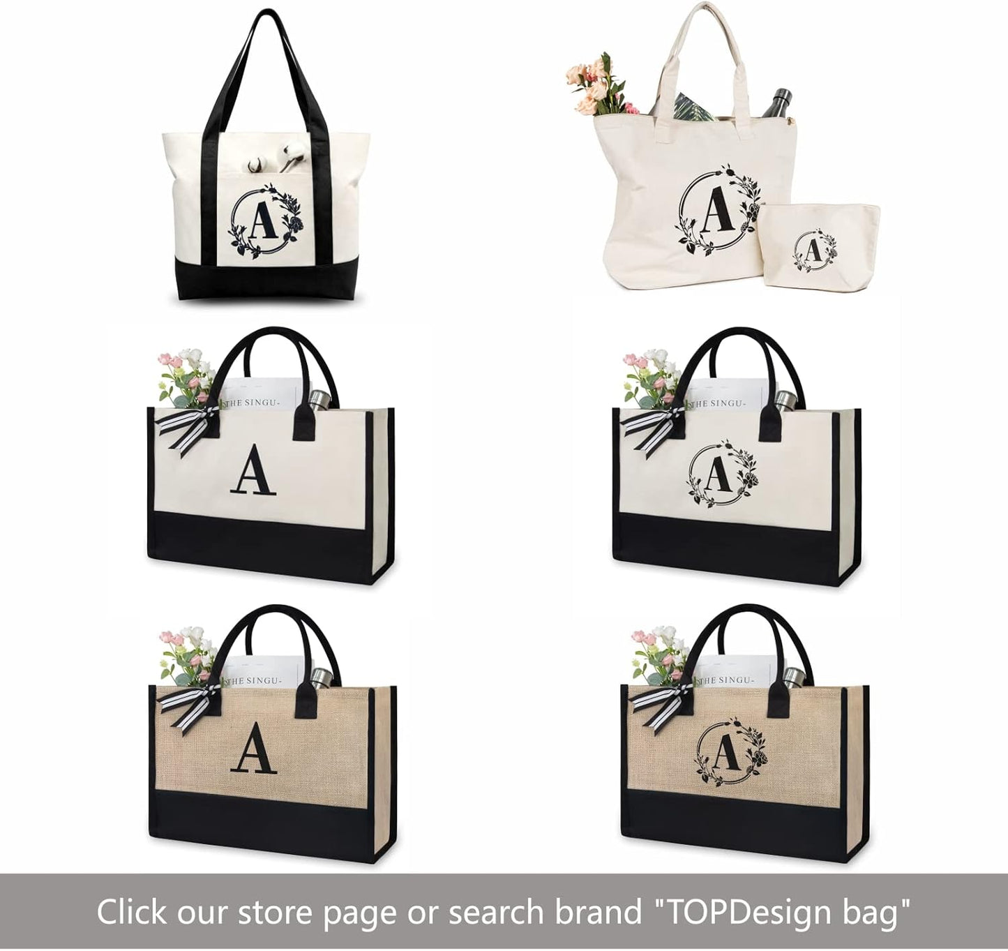 TOPDesign Initial Jute/Canvas Tote Bag, Personalized Present Bag, Suitable for Wedding, Birthday, Beach, Holiday, is a Great Gift for Women, Mom, Teachers, Friends, Bridesmaids (Letter K)