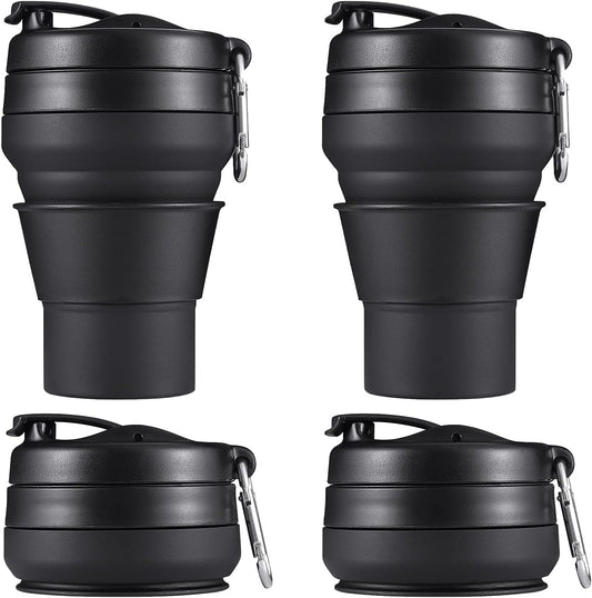 2PACK Collapsible Coffee Cup, 20 OZ 600ml Silicone Folding Camping Mug, Leak Proof BPA Free Portable Sport Bottle with Lids for hiking, Microwave & Dishwasher Safe (Black)