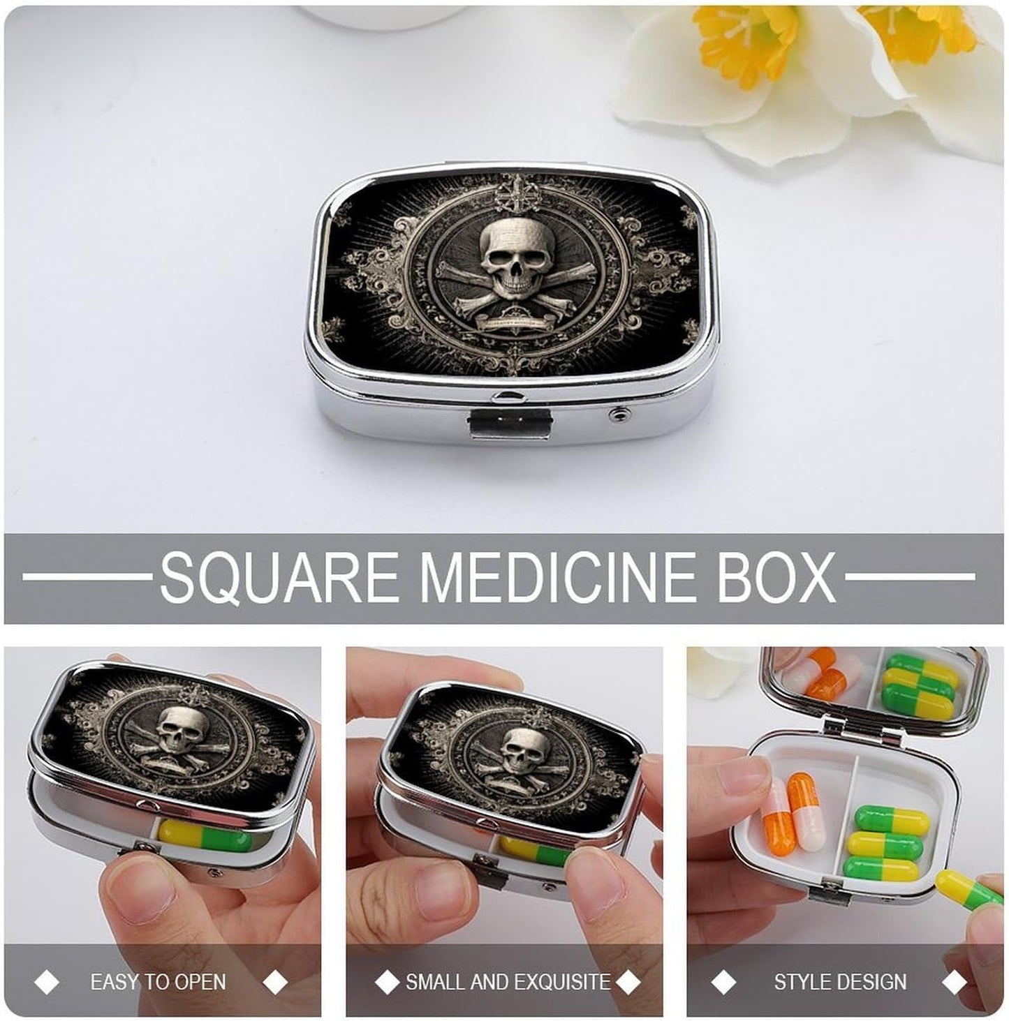 Metal 2 Compartment Pill Organizer Travel Friendly Portable Compact Pill Box Cute Pill Case,for Pocket Wallets Daily Portable Medicine Vitamin Tablet Storage (Skull)