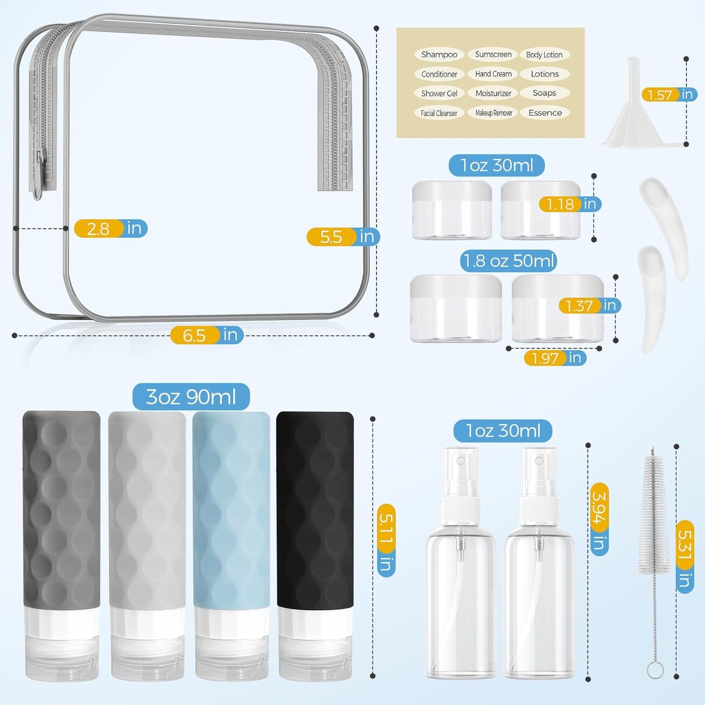 16pack Travel Bottles for Toiletries, TSA Approved Travel Size Containers Set, Leak Proof Refillable Liquid & Creams Toiletries Accessories Kit W/Toiletry Bag (Gray)
