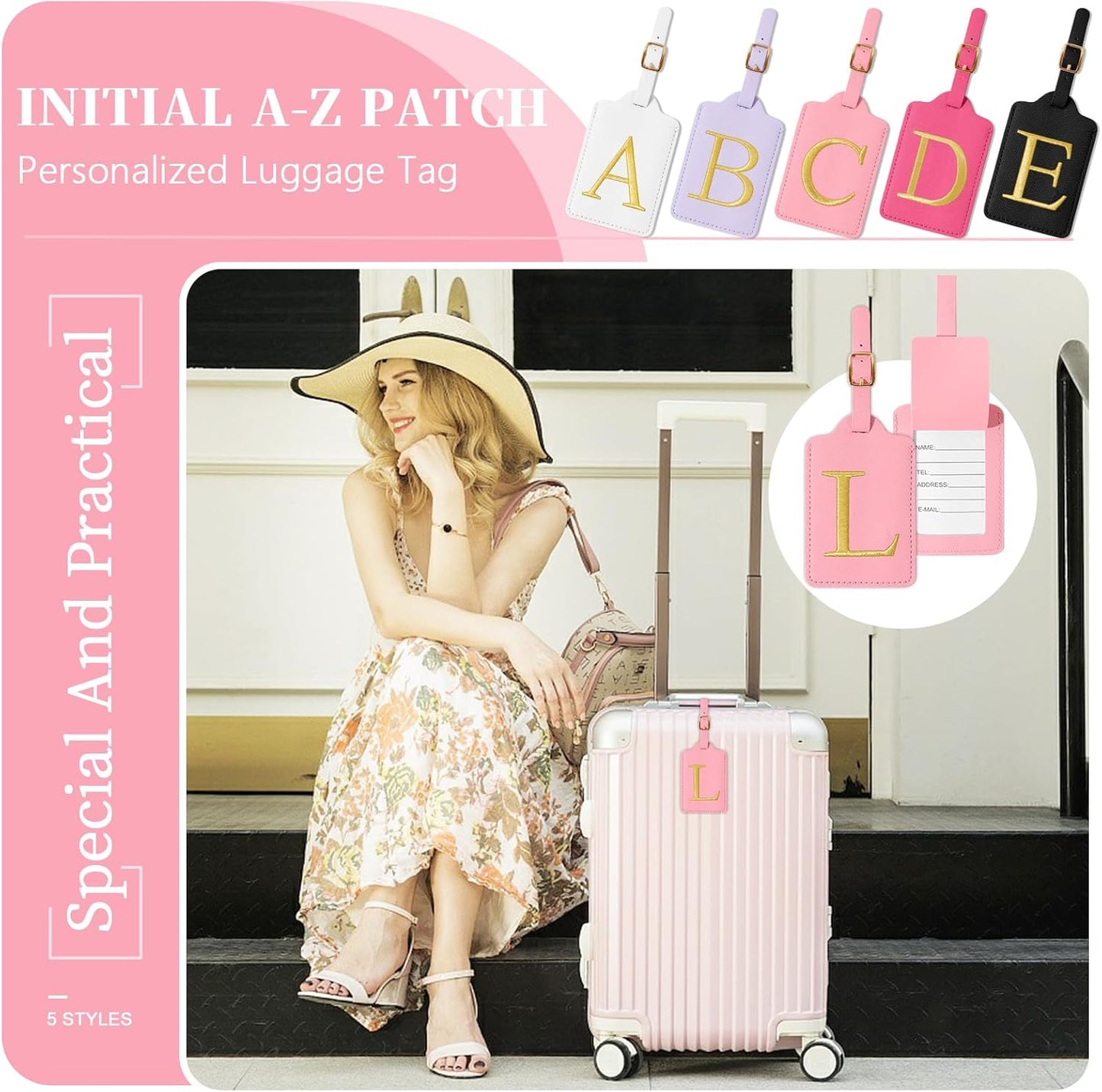Personalized Initial Luggage Tags for Suitcase, Pink Leather Cute Luggage Tags with Privacy Cover Name Card, Embroidered Custom Monogrammed Luggage Tag Travel Bag Baggage Tags Gifts for Women Kids(L)
