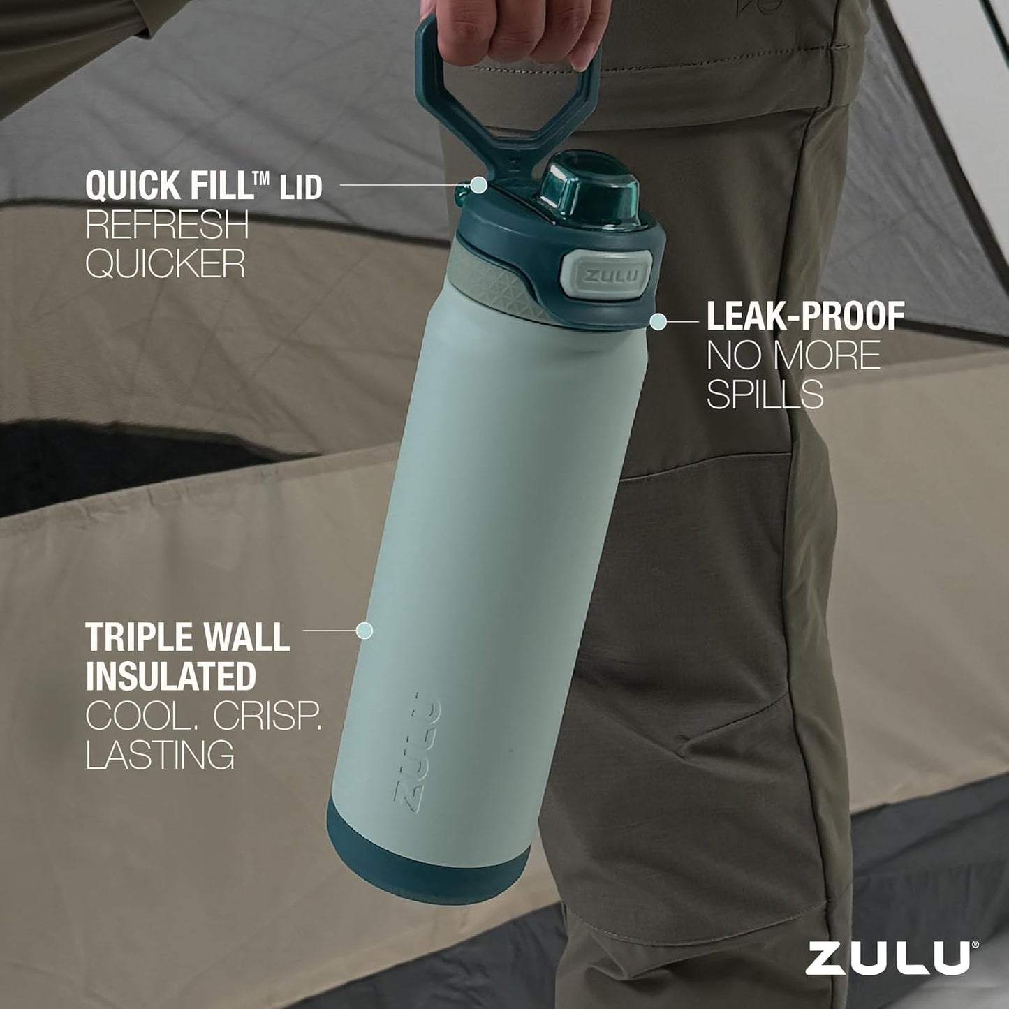 ZULU Powerfill Pro 40oz Stainless Steel Water Bottle with Quick Fill Lid, Triple Walled Vacuum Insulated Metal, Leak Proof Locking Lid, Sip and Chug, Reusable BPA Free, Evergreen