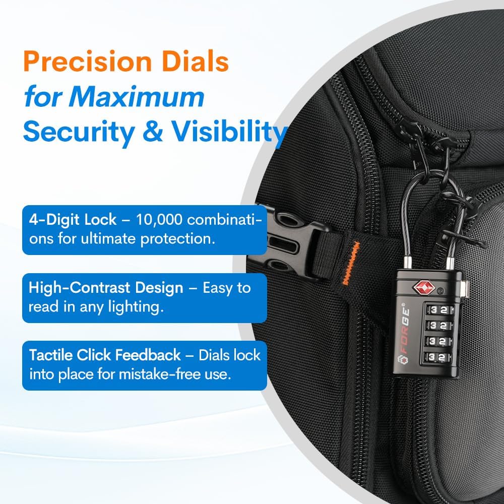 Forge TSA Approved Luggage Locks 4 Digit Combination TSA Travel Locks with TSA008, Open Alert Indicator, Zinc Alloy Body for Luggage, Suitcase, Backpack, and More. Black 6 Locks.