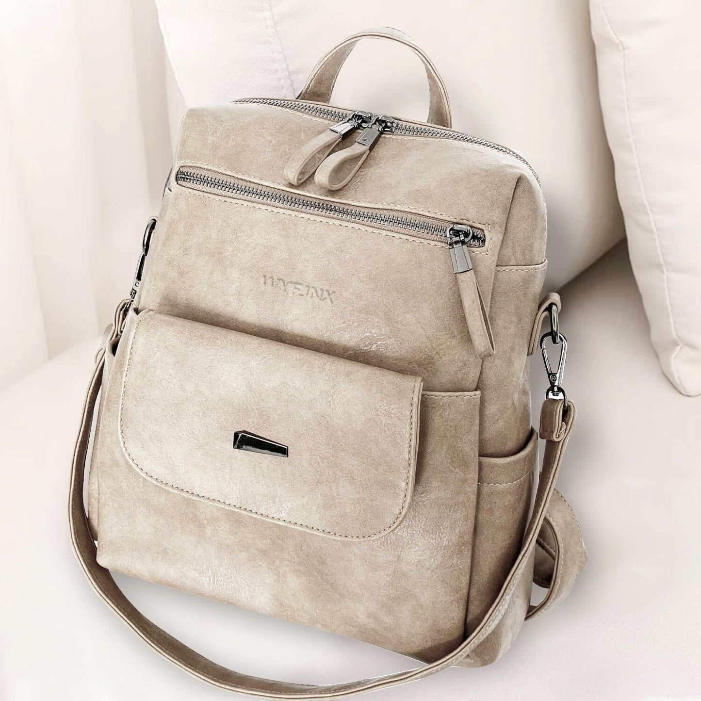 PU Leather Backpack Purse for Women Fashion Multipurpose Design Handbag Ladies Shoulder Bags Travel Backpack Beige