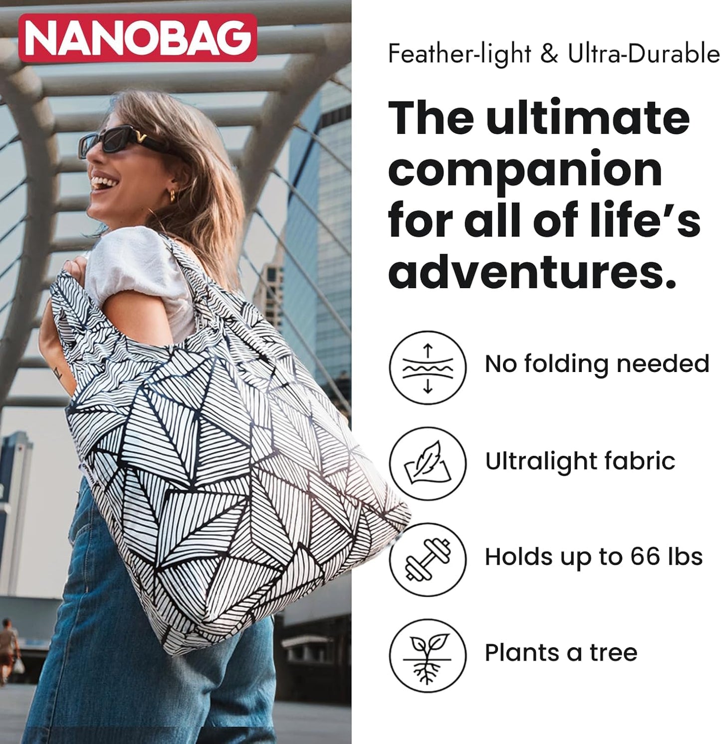Nanobag Ultra-Lightweight Foldable Tote for Women & Men, Reusable Grocery & Travel Bag, Packable Collapsible Compact Market Essential (Standard Porcelain)